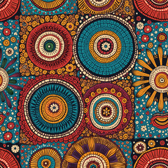 A vibrant array of circular designs in various colors, including blue, red, yellow, orange, and pink, with intricate patterns and designs. Vector patterns, random pattern