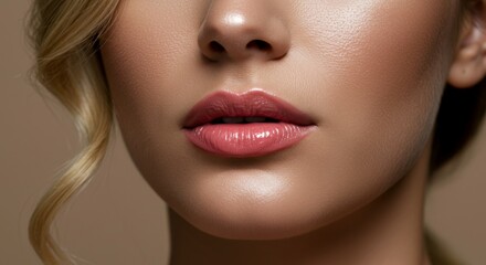 A close-up shot of a woman with perfect complexion and glossy lips, featuring soft light and a neutral background.