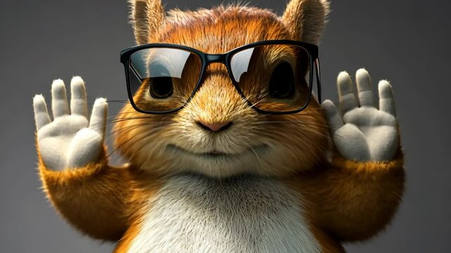 Cute cartoon squirrel wearing glasses raises hands with a playful expression in a fun setting