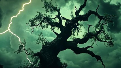 Dramatic stormy sky with lightning striking a gnarled tree in a dark, moody atmosphere - Powered by Adobe