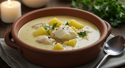 Creamy Fish Chowder with Potatoes and Parsley Served with Spoon