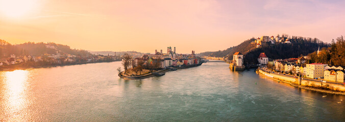 BEautiful city of Passau, Bavaria, Germany, at sunset in winter
