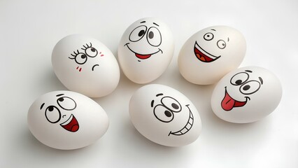 Funny white eggs with cartoon faces with different facial expressions on white background. Group of eggs with different funny emotions drawn on their surface. 