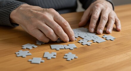 Aged hands solving a grey jigsaw puzzle on a wooden table. Mental stimulation.