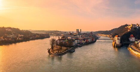 BEautiful city of Passau, Bavaria, Germany, at sunset in winter