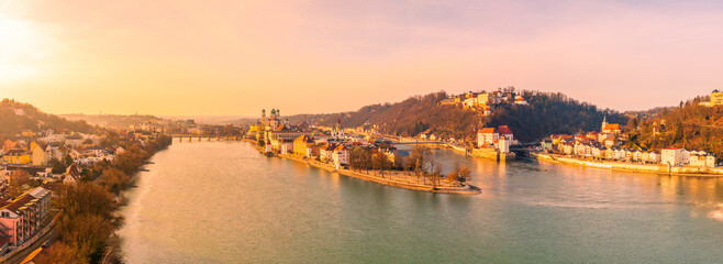 BEautiful city of Passau, Bavaria, Germany, at sunset in winter