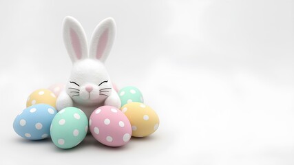 Cute easter bunny figurine among colorful polka dot eggs on white background with space for text. For Easter and spring related designs. Easter banner, background.