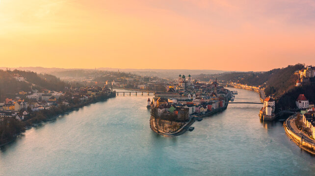 BEautiful city of Passau, Bavaria, Germany, at sunset in winter