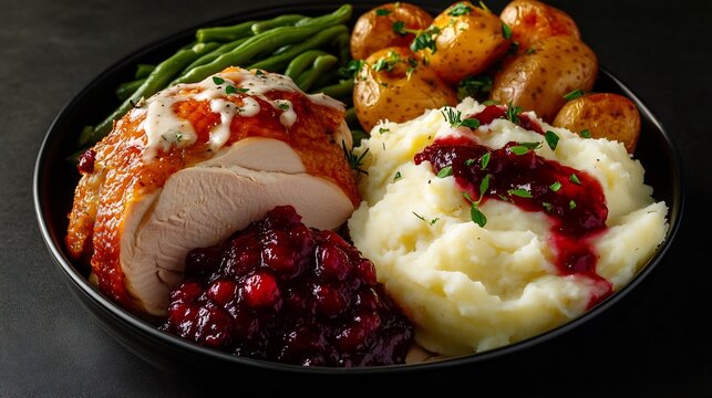 American turkey dinner roasted turkey mashed potatoes cranberry sauce and green beans served on a black background to enhance the festive display