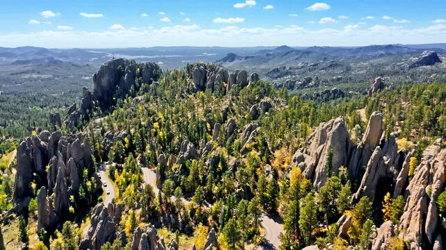 Needles highway in the Black Hills mountains, Custer State Park, South Dakota with slow pull back camera motion