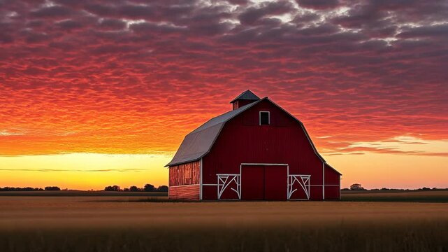 Sunsets cast vibrant colors over a red barn in an open field during twilight hours in rural America