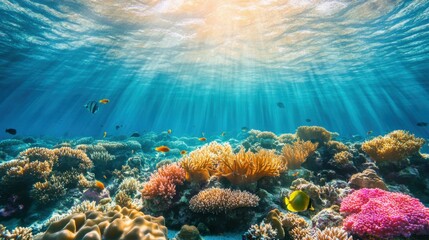 Obraz premium colorful coral reef with diverse fish and glowing corals, illuminated by gentle sunlight, vibrant underwater scene, highly detailed