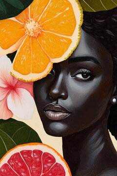 Dark-skinned black woman 4w with twist, with a flower and a grapefruit flat vector graphic without shading, gouache, details