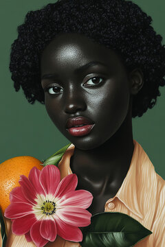 Dark-skinned black woman 4w with twist, with a flower and a grapefruit flat vector graphic without shading, gouache, details