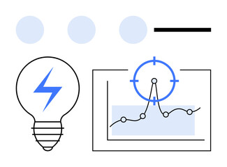 Lightbulb with energy bolt beside a data graph in focus with circles. Ideal for innovation, strategy, analytics, research, insights, technology, progress. Abstract line flat metaphor