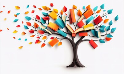 Colorful books stacked under a tree in a 3D vector design, simple and clean composition on white background
