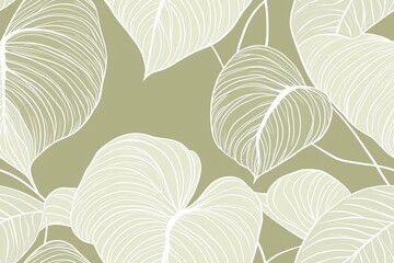 Obraz premium Padrão contínuo (seamless pattern) de folhas estilizadas em tons de verde com linhas delicadas em branco, criado com IA generativa.