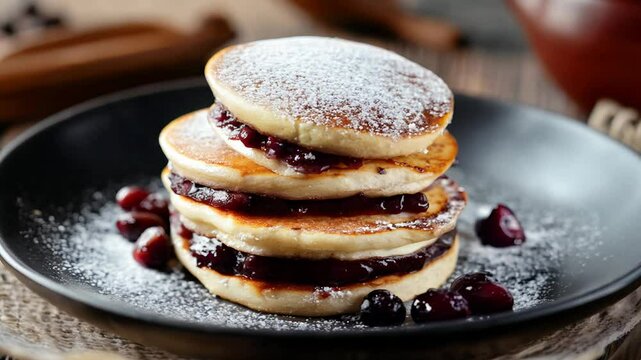Close up of a stack of dorayaki, sweet red bean pancakes, topped with powdered sugar. The pancakes are layered with a generous amount of red bean paste, creating a visually appealing and delectable