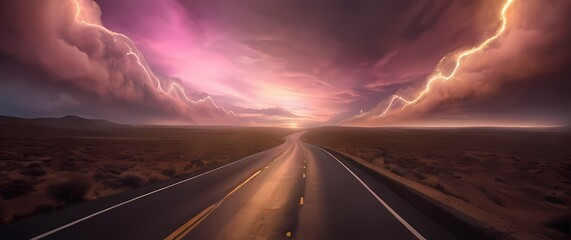 A mystical roadway ascending towards a luminous horizon surrounded by ethereal clouds weaving golden and pink tones that ignite imagination