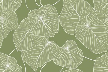 Padr&atilde;o cont&iacute;nuo (seamless pattern) de folhas estilizadas em tons de verde com linhas delicadas em branco, criado com IA generativa.