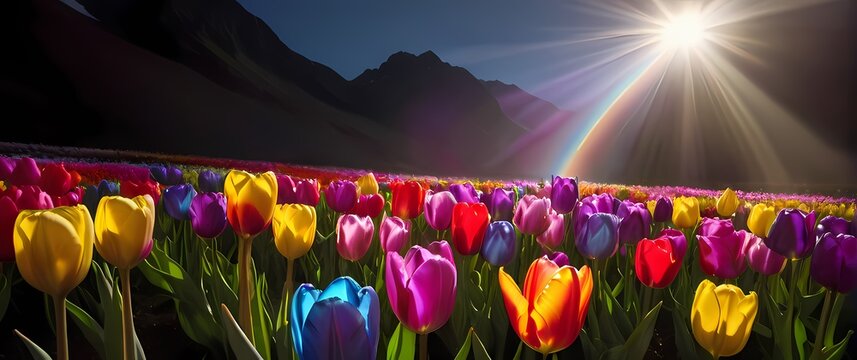 A mesmerizing view of rainbow colored tulips in full bloom their delicate petals tipping slightly in the gentle winda floral masterpiece