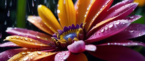 A mesmerizing closeup of raindrops on colorful flower petals sparkling like jewels under bright daylight and creating enchanting visuals
