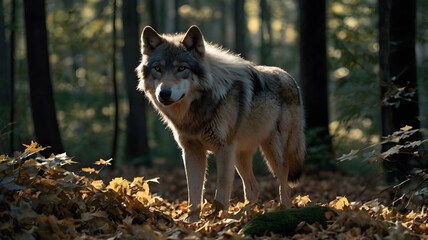 Obraz premium A Wolf Gracefully walks in a Lush Forest