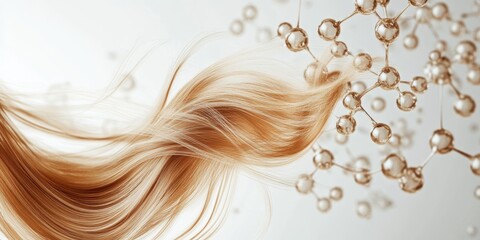 A beautiful blend of flowing blond hair intertwined with abstract molecular structures against a clean white background, creating a captivating sense of beauty and the fusion of science