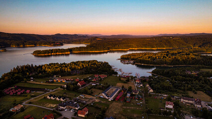 View from a drone of Lake Solina and the surrounding area.