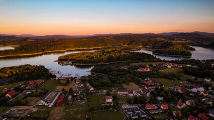 View from a drone of Lake Solina and the surrounding area.