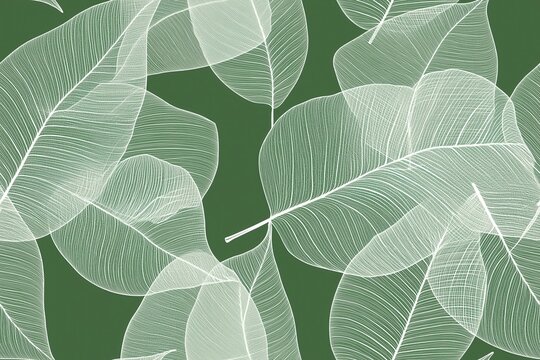 Padr&atilde;o cont&iacute;nuo (seamless pattern) de folhas estilizadas em tons de verde com linhas delicadas em branco, criado com IA generativa.