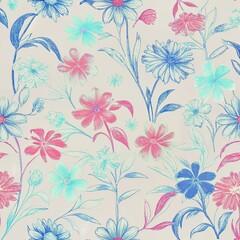 Obraz premium Seamless pattern, pattern, watercolor, stylish floral pattern, bright and cheerful floral pattern with pink, blue and blue flowers on light background, botanical style