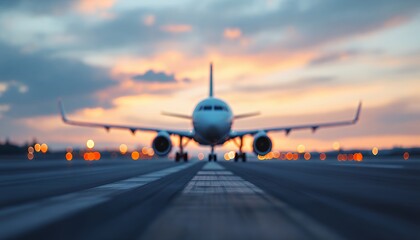 Airplane on Runway at Sunset Preparing for Takeoff Travel Concept