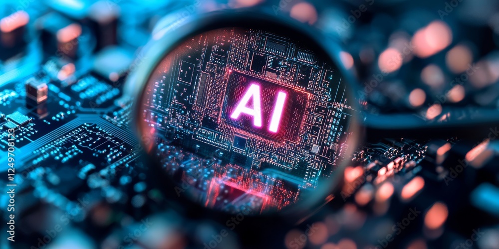 Poster this image showcases a magnifying glass focused on an ai microchip embedded in a circuit board, symb