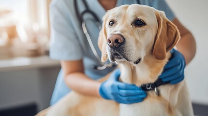Veterinarian examining a yellow Labrador Retriever.