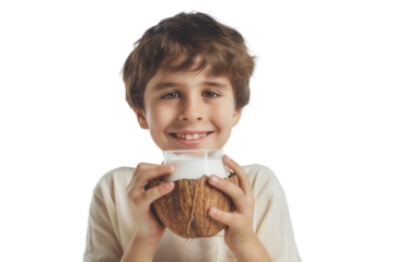 Young Boy Drinking Fresh Coconut Milk with Joy on White