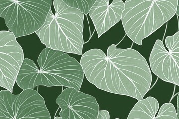 Padrão contínuo (seamless pattern) de folhas estilizadas em tons de verde com linhas delicadas em branco, criado com IA generativa.