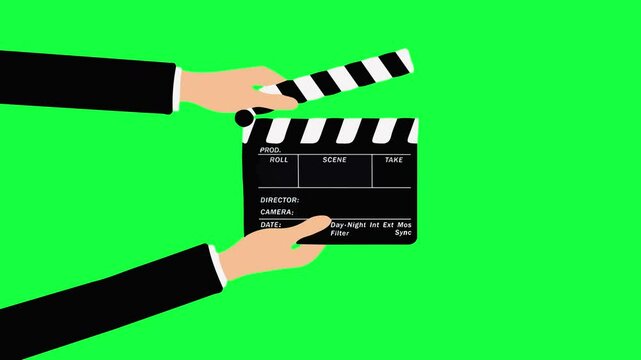 Male hands holding a movie clapperboard animation. film camera, roll, action vector animated on green screen background
