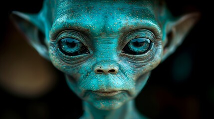 A detailed view of an electric blue extraterrestrial with large blue eyes