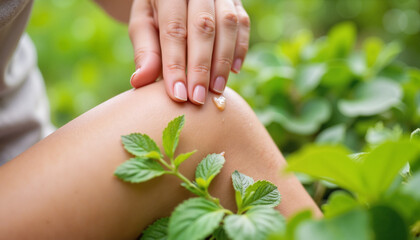 Applying moisturizer on leg surrounded by green plants