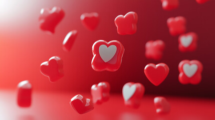 A 3D rendering showing red social media notification icons, such as like, comment, and follow, falling in a lively cascade on a digital backdrop.