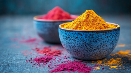 Brightly colored Holi powder in ceramic cups on a rustic wooden table symbolizes celebration, joy, and diversity. The empty space invites creativity and contrast, evoking a sense of chaos and vibrancy