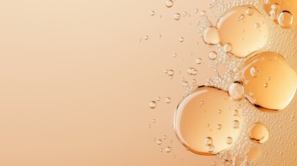Amber Liquid Droplets: Abstract close-up of golden oil droplets on a soft peach background, creating a luxurious and elegant texture. Perfect for beauty, wellness, or spa concepts. 