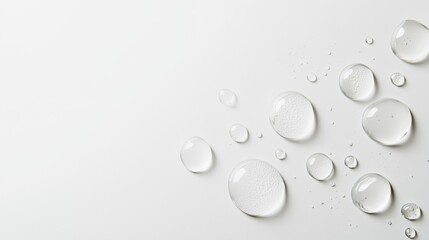 Water Droplets on Light Gray Surface: Crystal-clear water droplets of varying sizes cascade across a light gray surface, creating an abstract pattern of purity and freshness.  