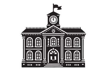 School building with clock and flag flat icon