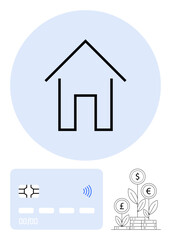 House with a blue circle, wireless payment card, and coin plants highlighting real estate investment, home financing, savings growth, and digital payments. Ideal for banking, fintech, investments