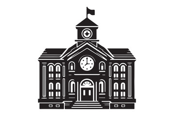 School building with clock and flag flat icon