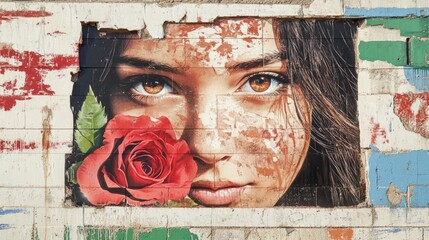 A detailed street art mural of a woman's face with brown eyes and long hair, framed by torn paper collage elements, holding a red rose in her hand, painted on the side wall of an old building.