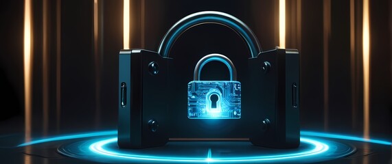 A gleaming lock icon symbolizing robust digital security presented over an engaging tech themed backdrop conveying the essence of protection
