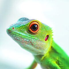 A vibrant green lizard with intricate scale patterns and striking red-ringed eye gazes upward against a bright background.
